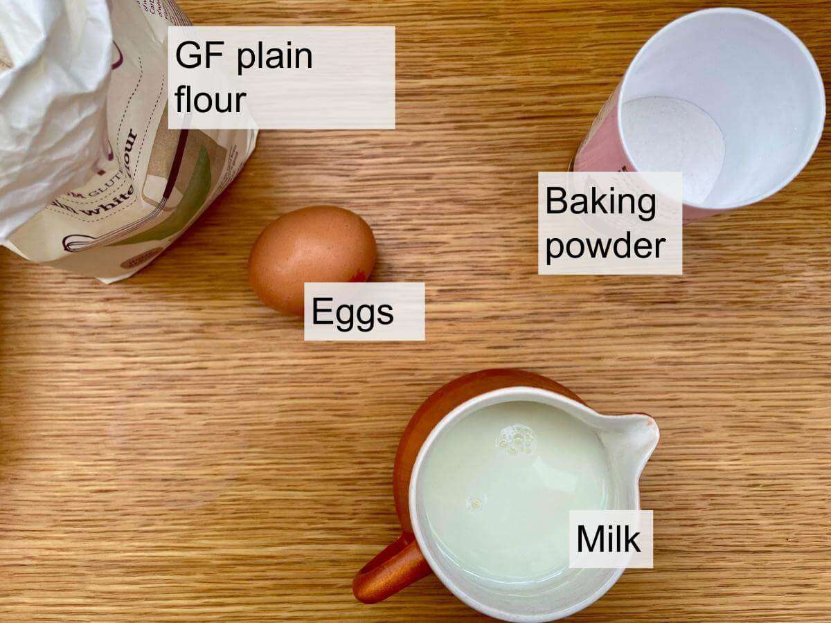 GF flour, egg, milk, baking powder.