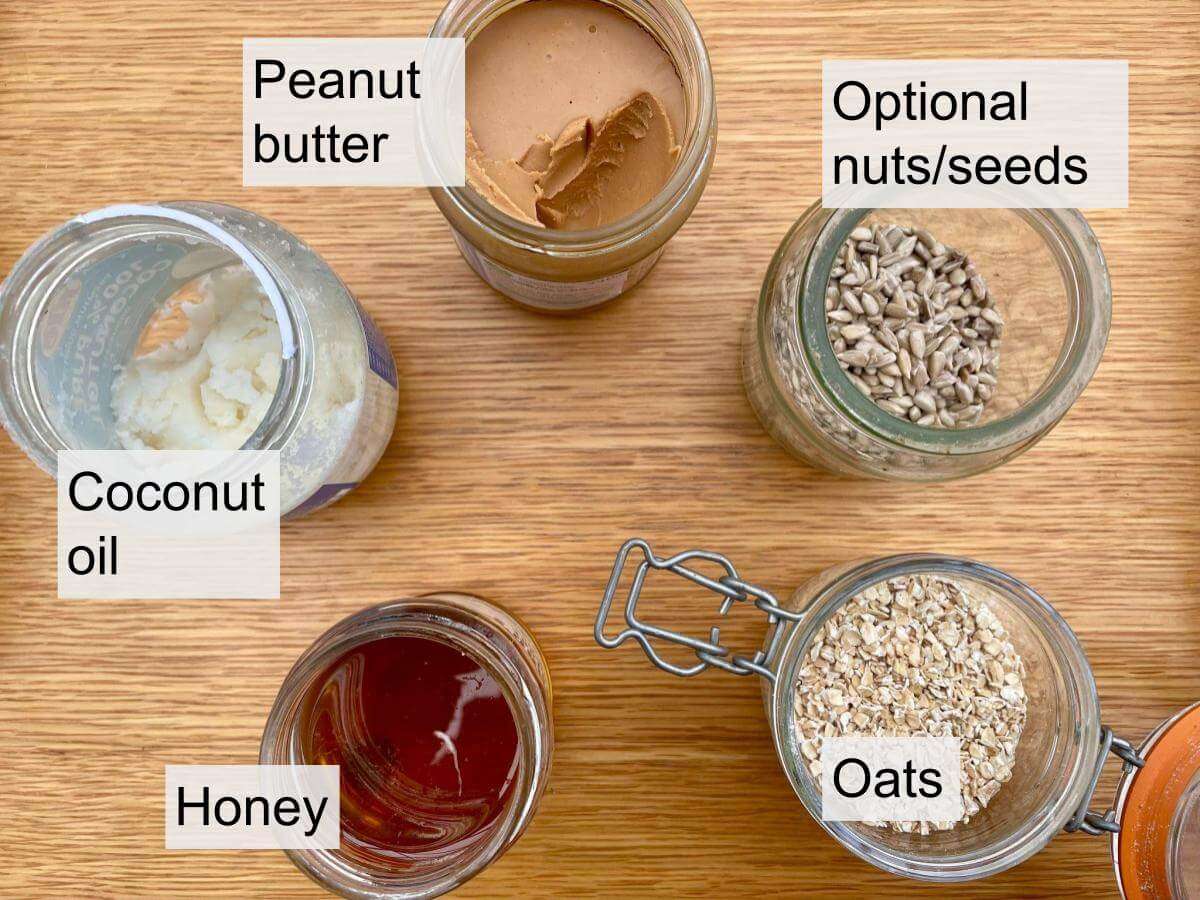 Oats, peanut butter, coconut oil, honey, sunflower seeds.