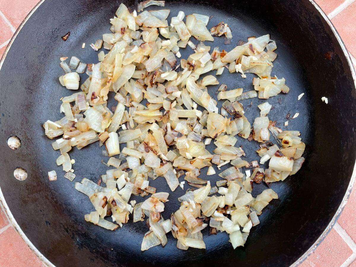 Fried onions in pan.
