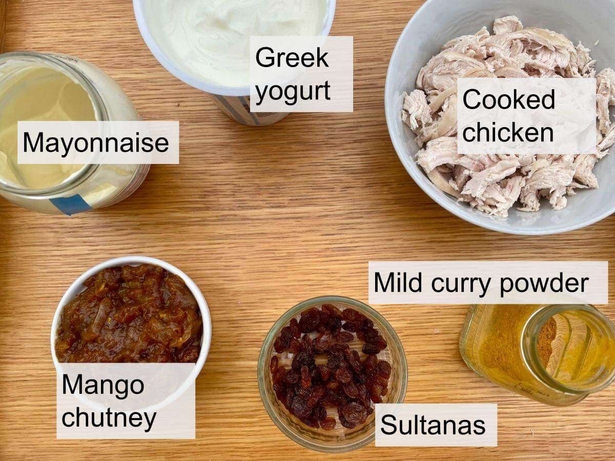 Cooked chicken, greek yogurt, mayonnaise, mango chutney, sultanas, curry powder.