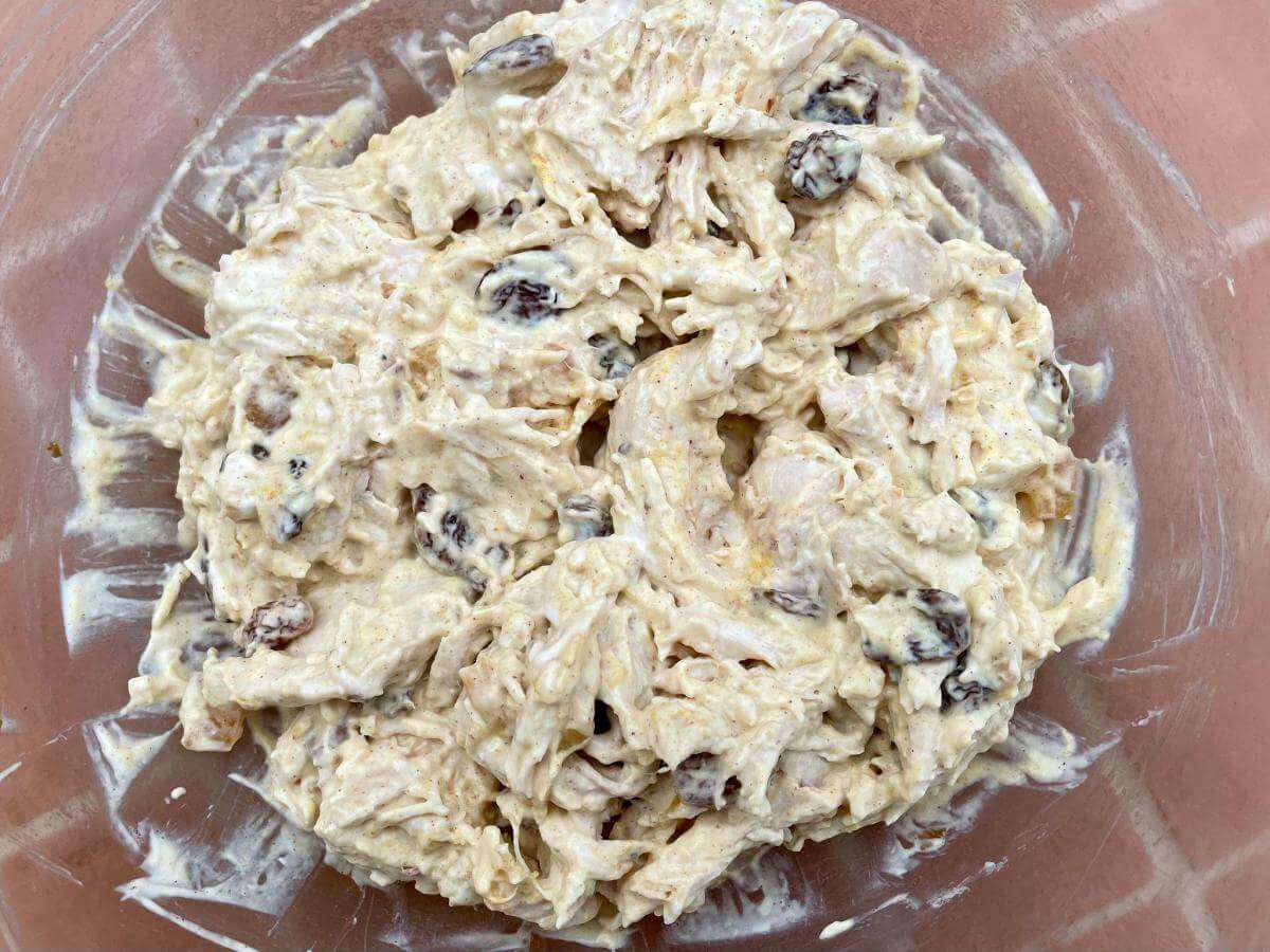 Low fat curried chicken salad in bowl.