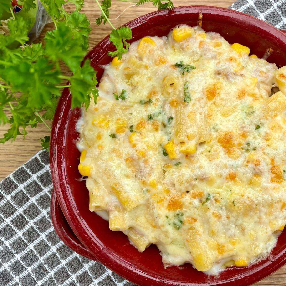Tuna and sweetcorn pasta with healthy cheese sauce.