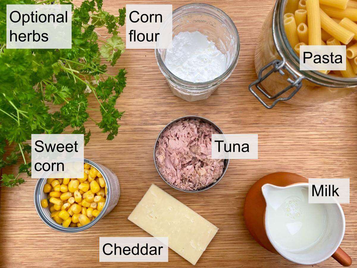 Sweetcorn, cheddar, milk, tuna, pasta, cornflour, parsley