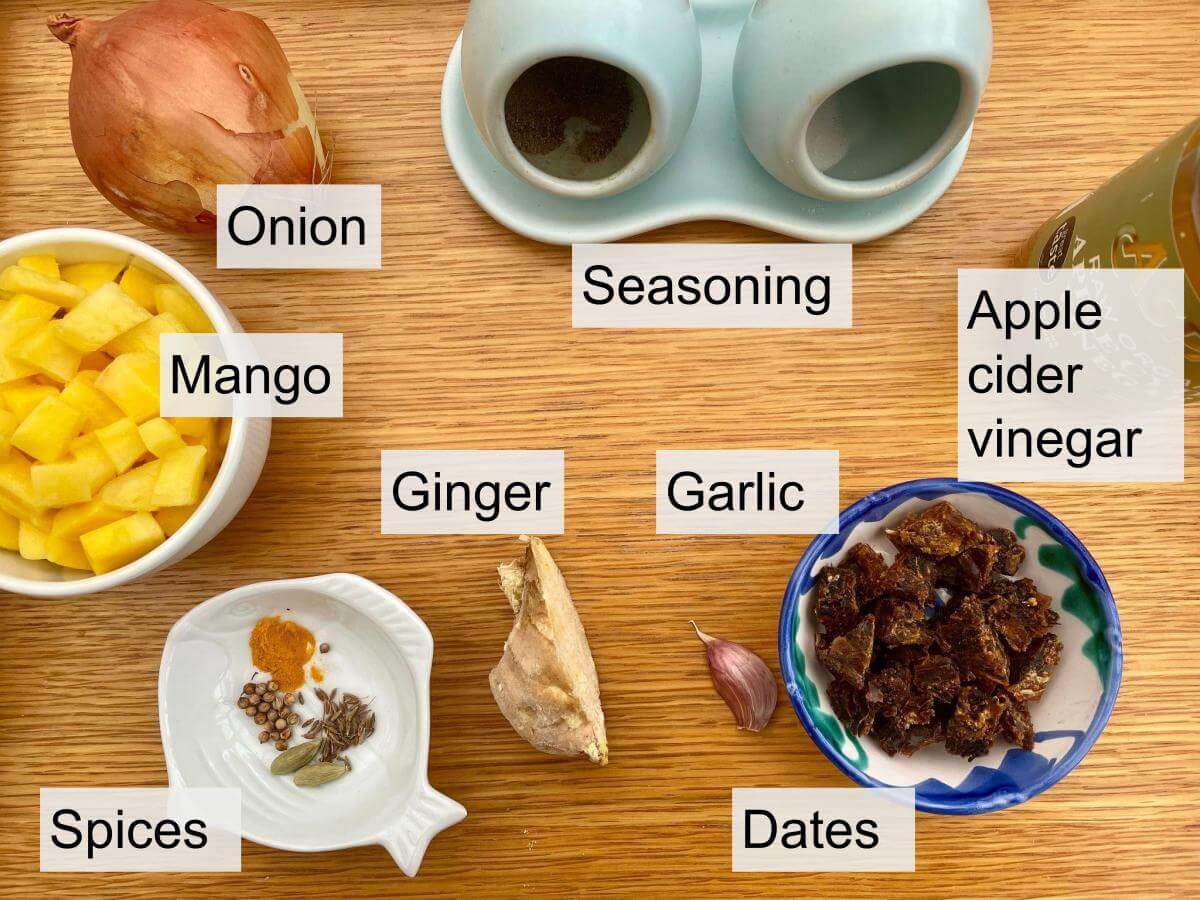 Mango, onion, dates, ACV, garlic, ginger, spices, seasoning.