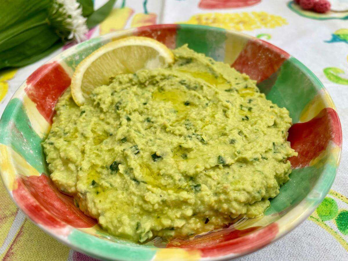 Wild garlic hummus in colourful bowl.