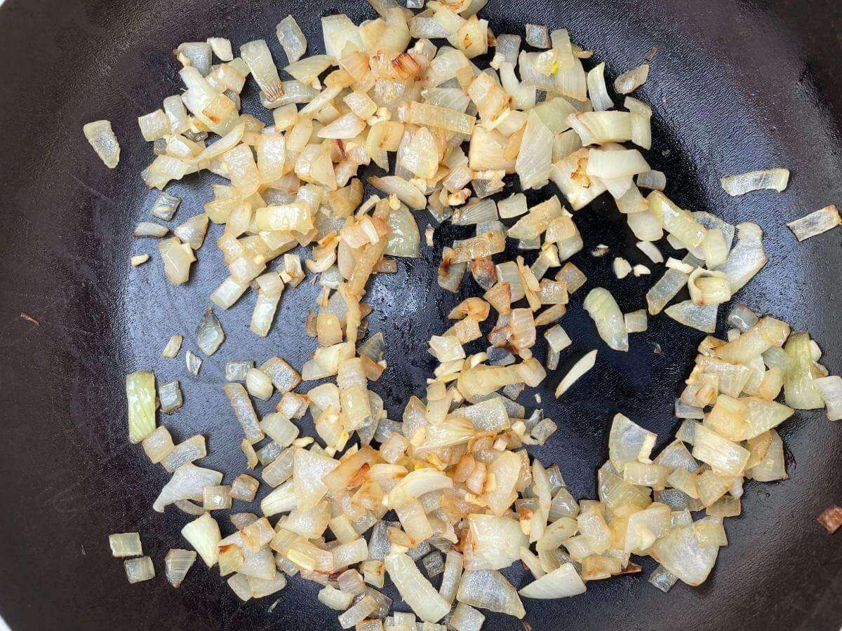 Browned onions and garlic in pan.