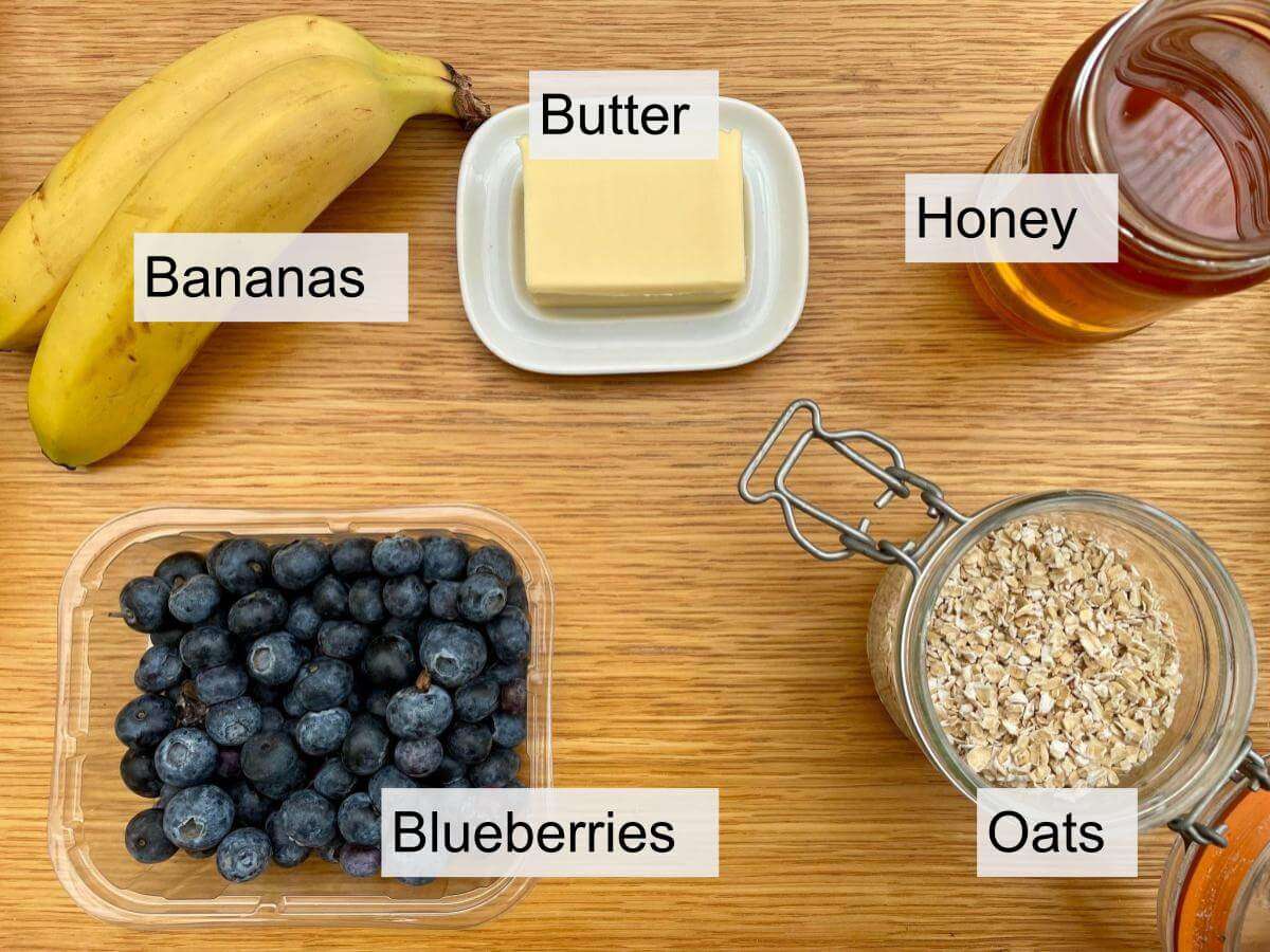 Oats, blueberries, banana, butter, honey.