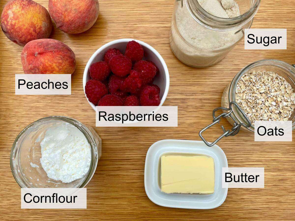 Peach and raspberry crumble ingredients.