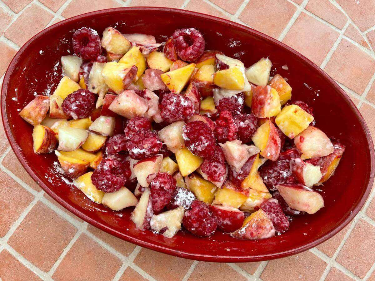 Peaches and raspberries with cornflour.