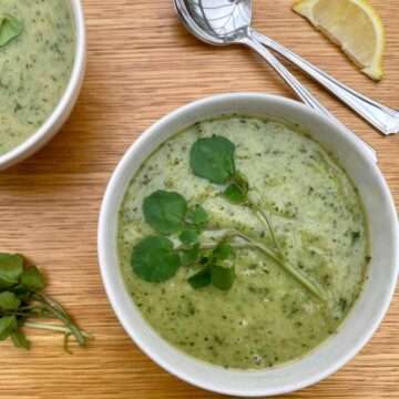 Bowls of watercress and leek soup.