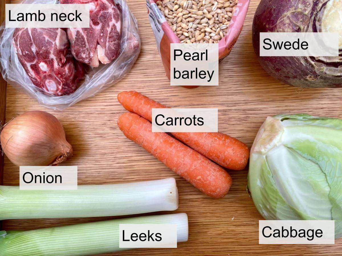 Lamb neck, pearl barley, swede, cabbage, carrots, leeks, onions.