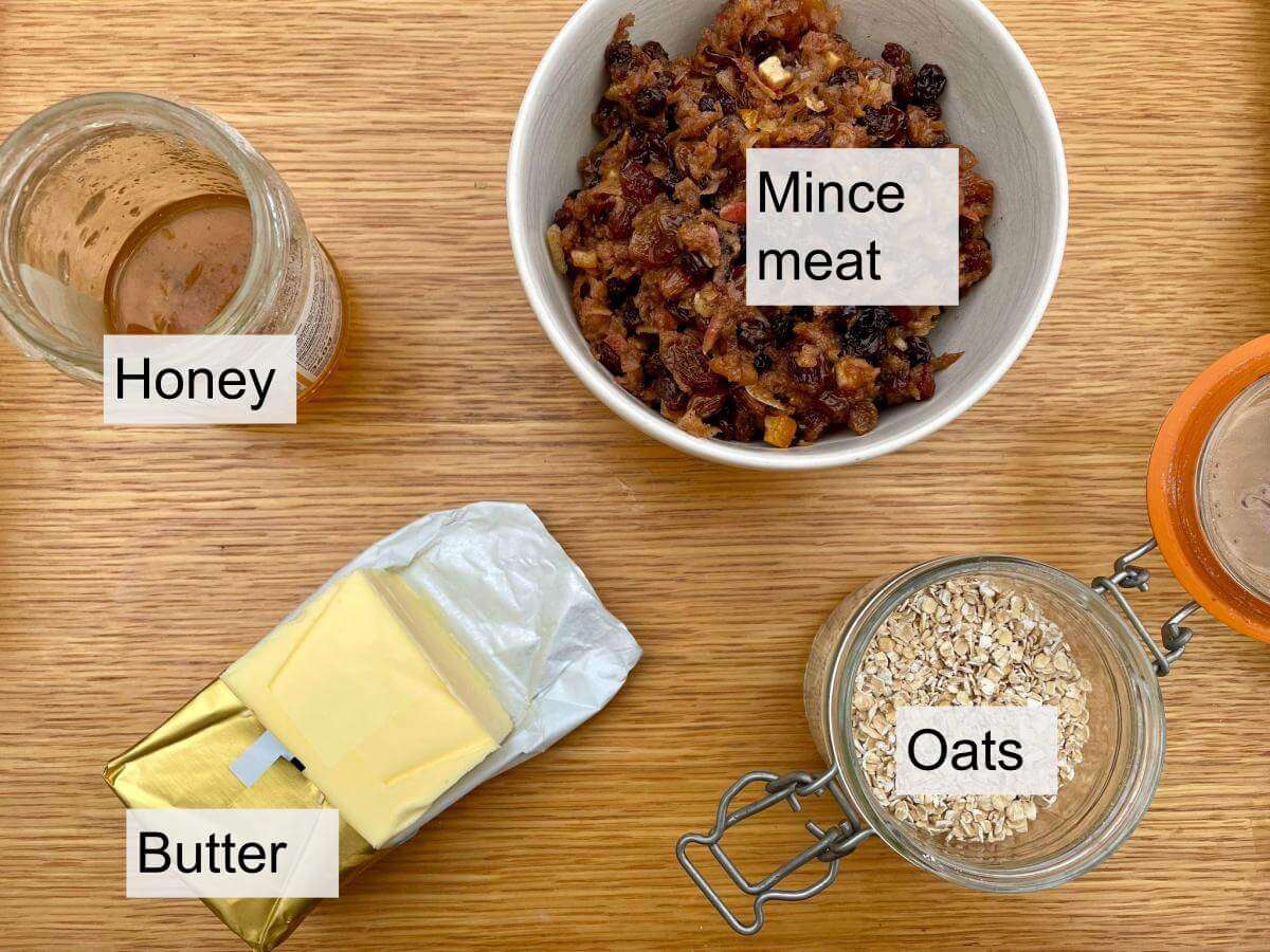 Ingredients for mincemeat crumble bars.
