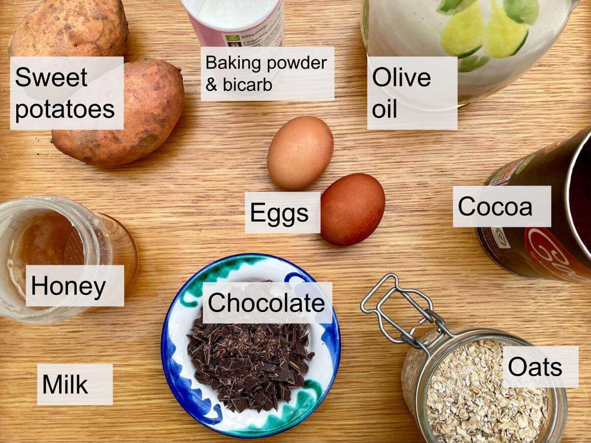 Sweet potatoes, honey, olive oil, eggs, cocoa, oats, milk, chocolate, raising agents.
