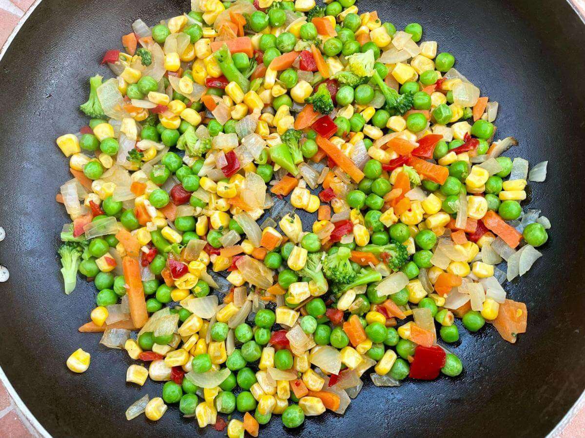 Mixed vegetables in pan.