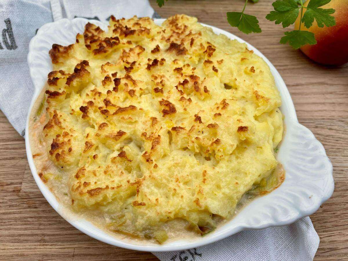 Dairy free fish pie with potato topping.