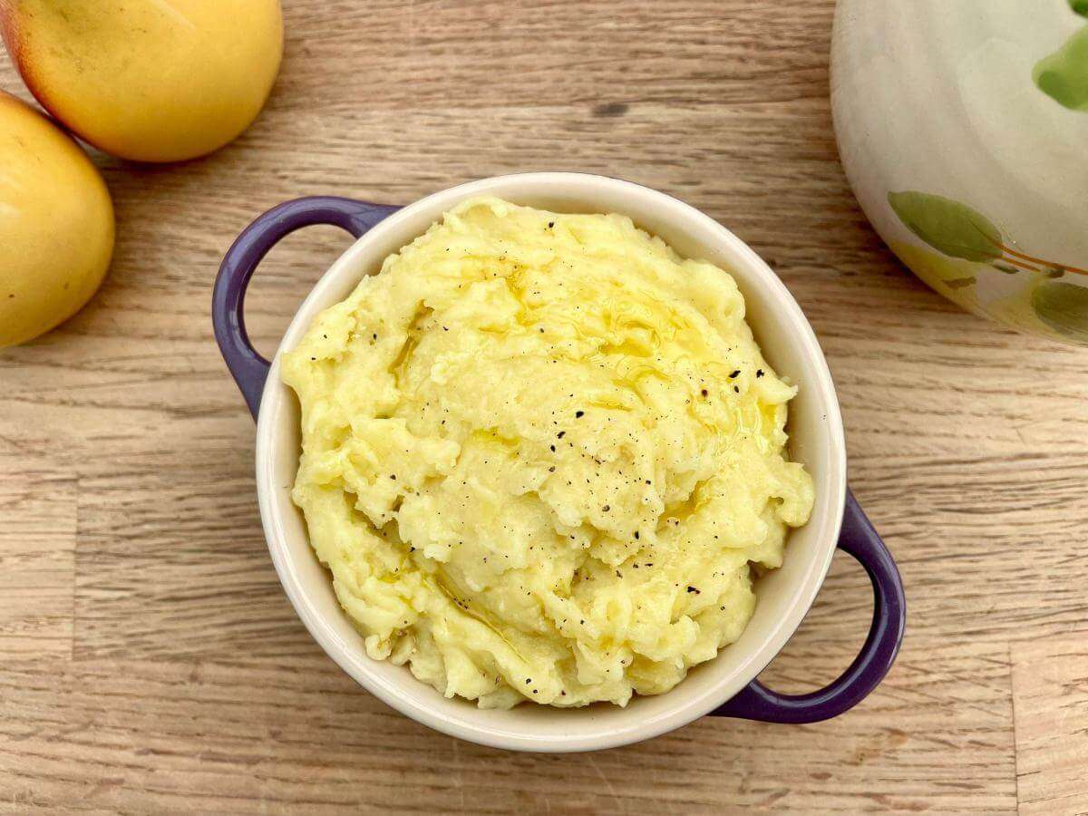 Dairy free mashed potatoes in dish.