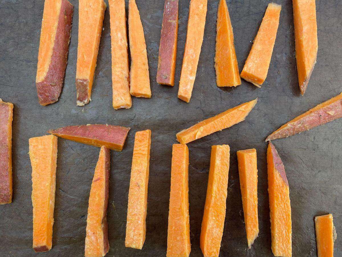 Sweet potato chips on tray.