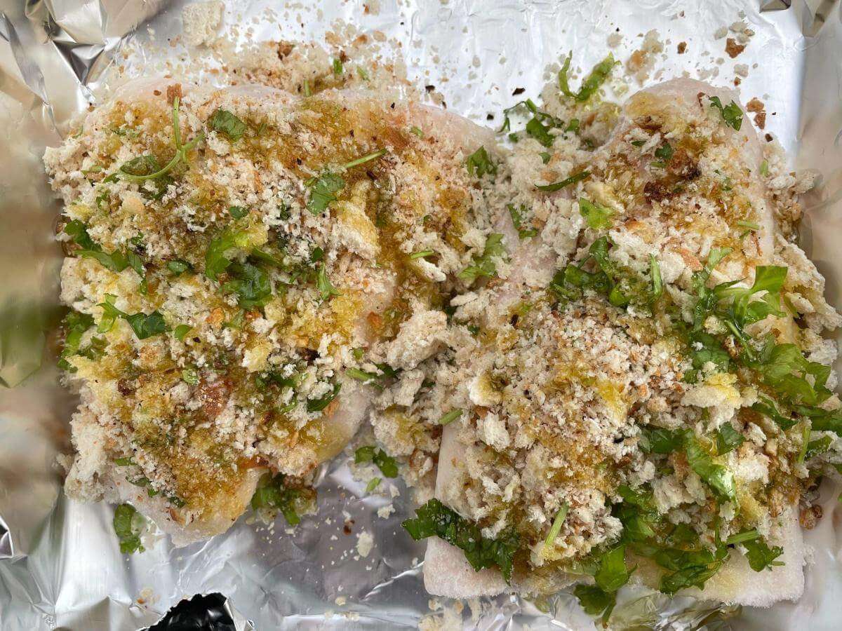 White fish with GF breadcrumbs and parsley.