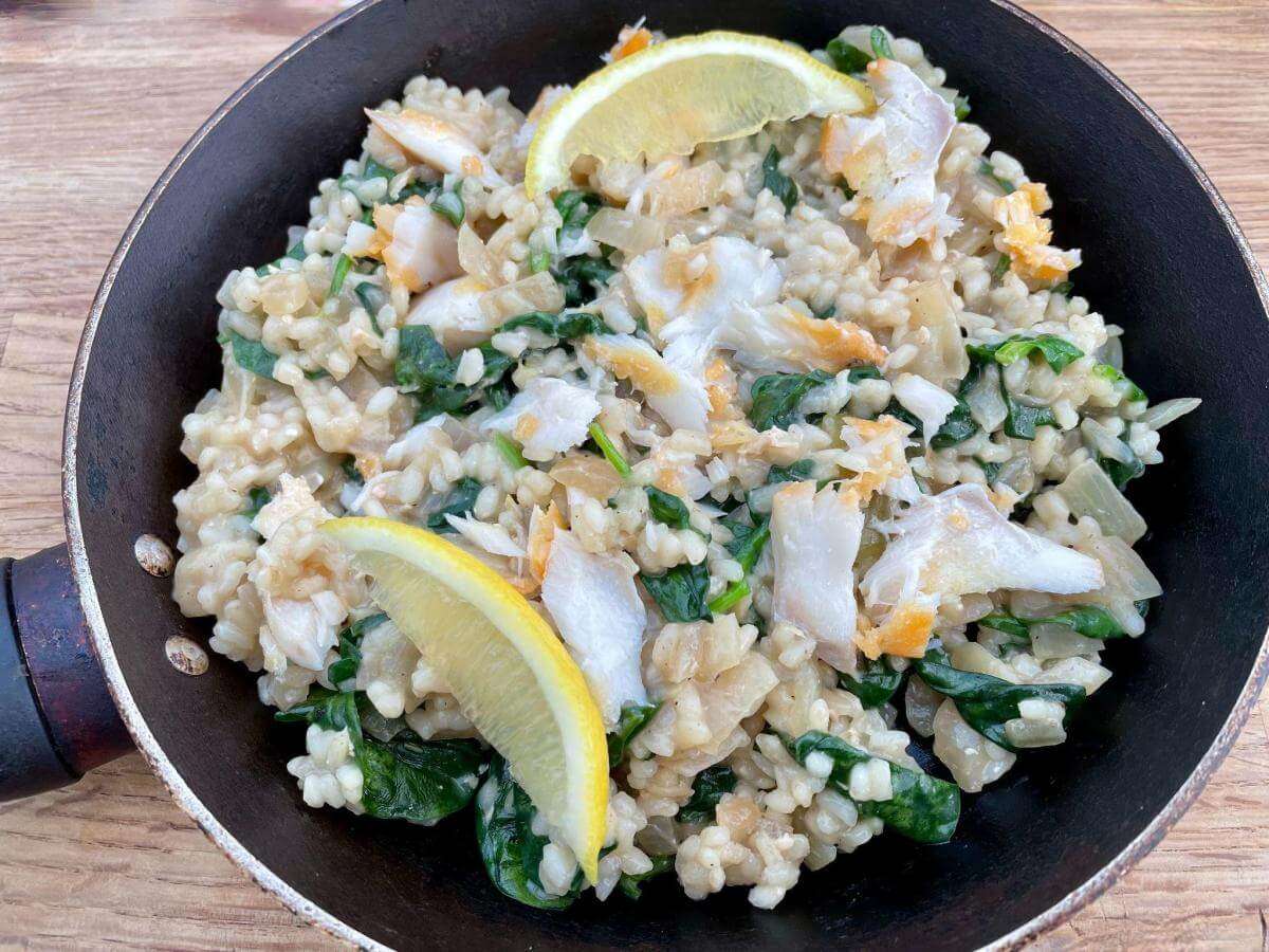 Risotto with smoked haddock and spinach.