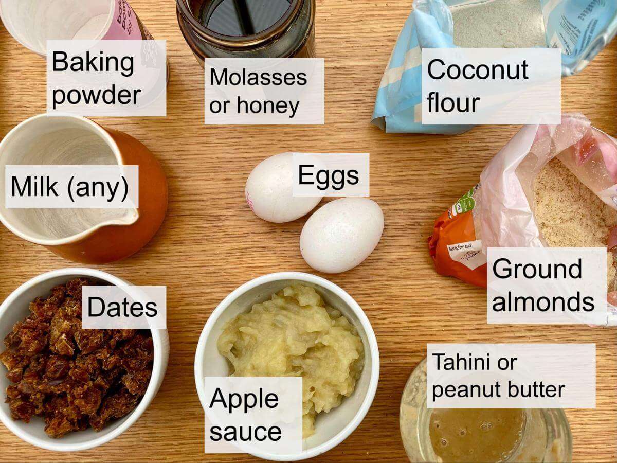Dates, eggs, applesauce, molasses or honey, ground almonds, coconut flour, baking powder, tahini or peanut butter, milk.