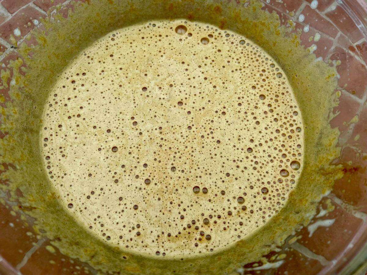 Whisked eggs with applesauce and molasses.