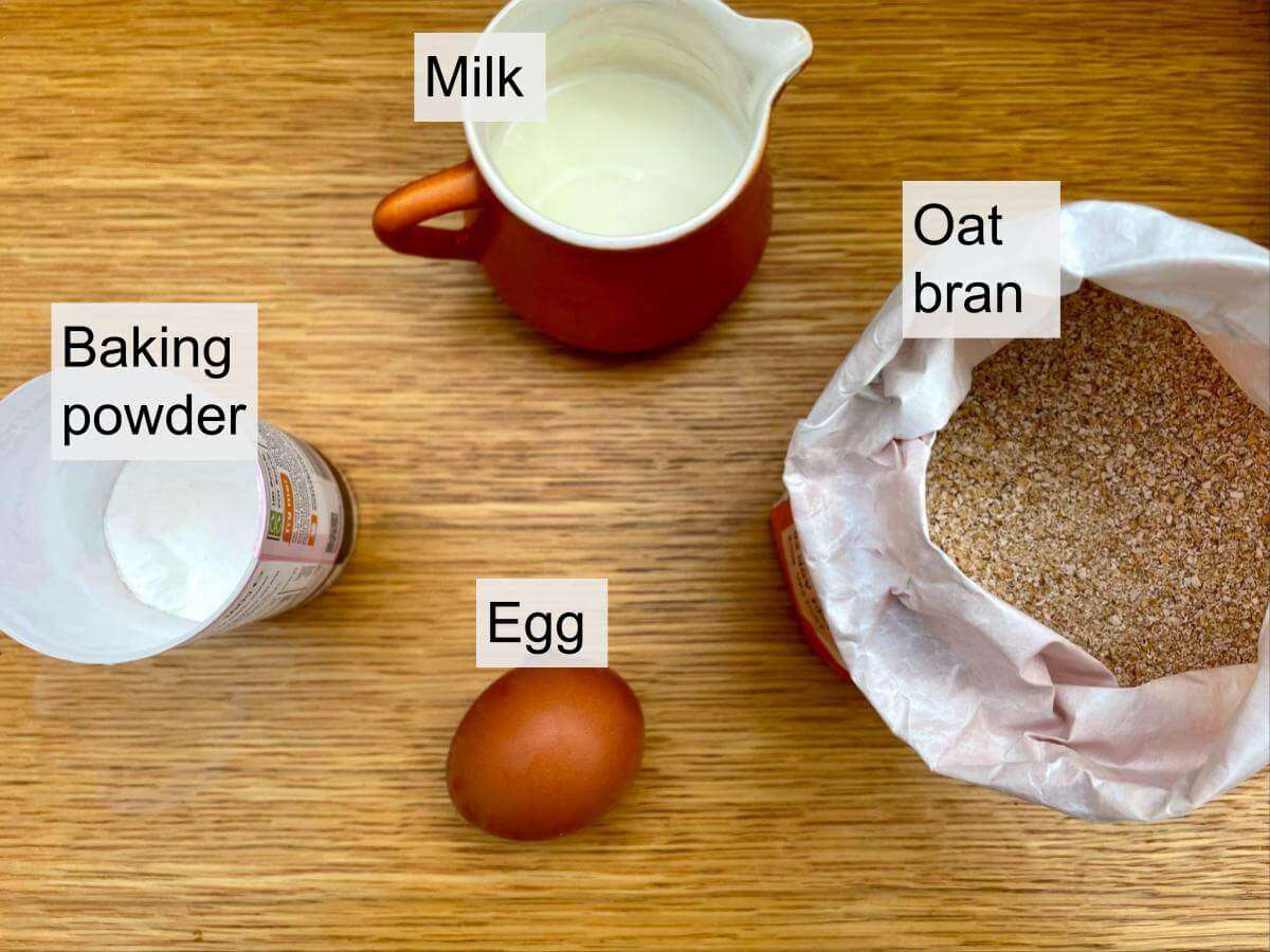 Oat bran, egg, milk, baking powder.