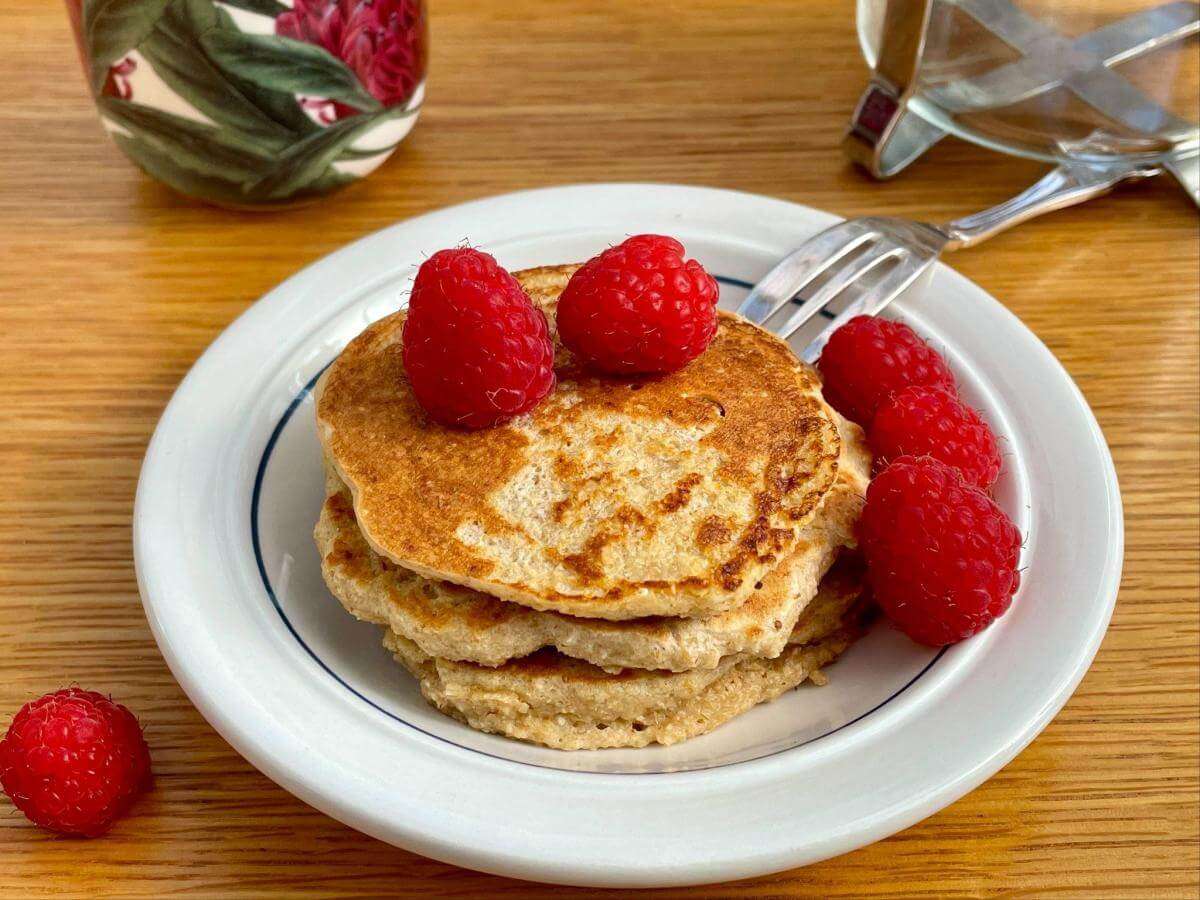 Oat bran pancakes with raspberries.