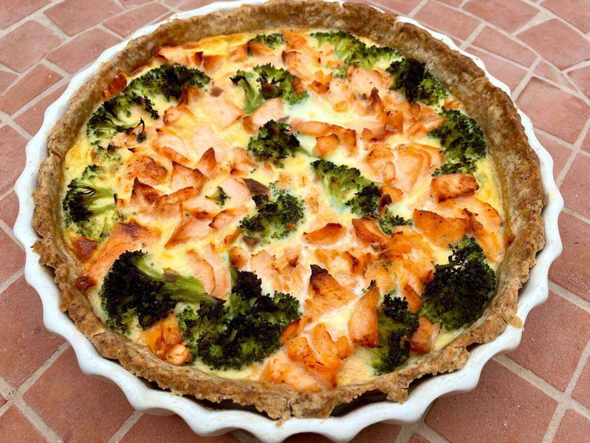 Healthy salmon and broccoli quiche.