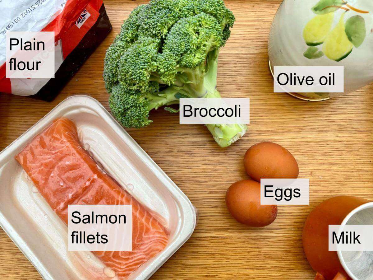 Plain flour, olive oil, salmon fillets, broccoli, eggs, milk.