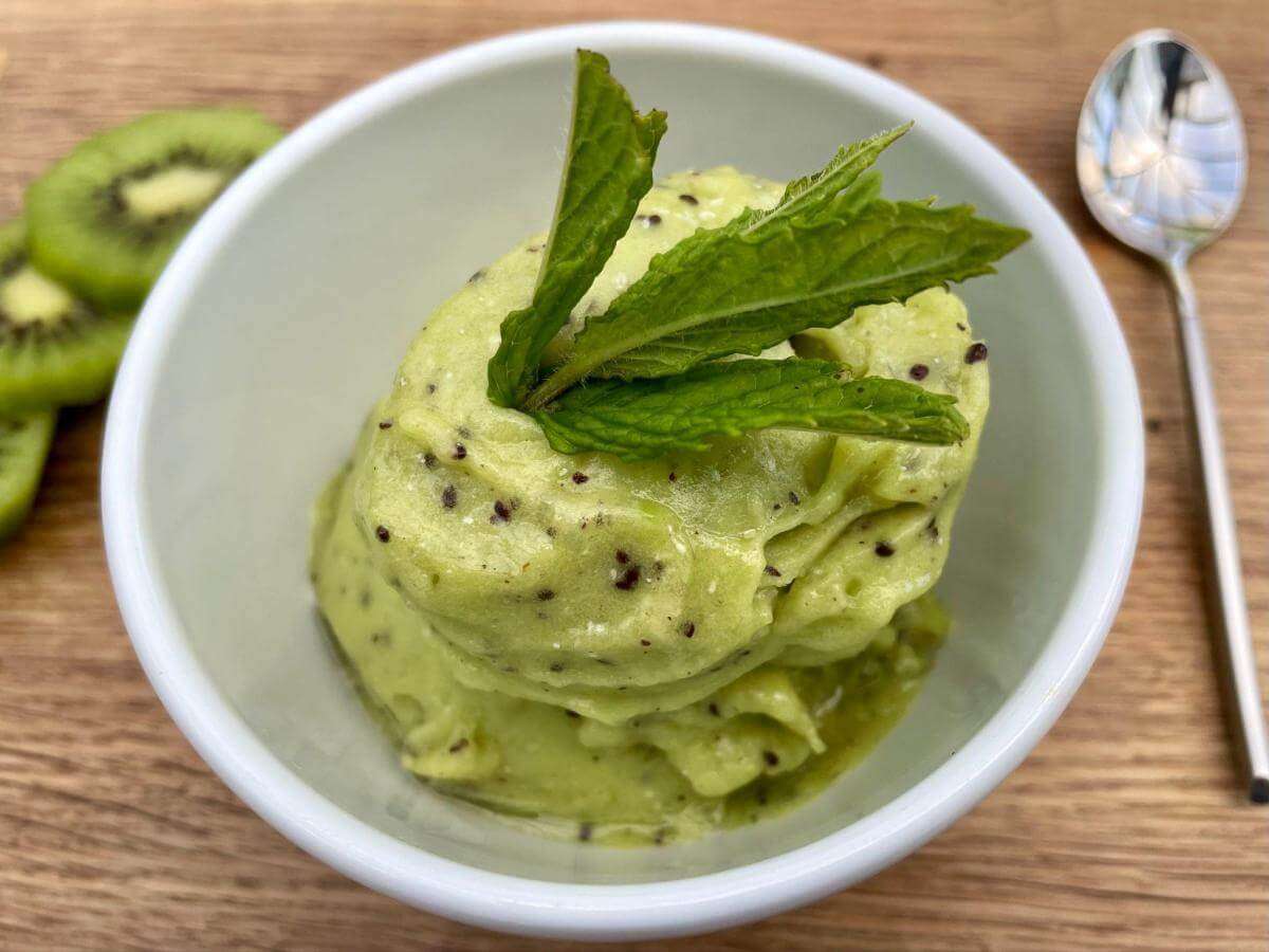Healthy kiwi sorbet in bowl with sprig of mint.
