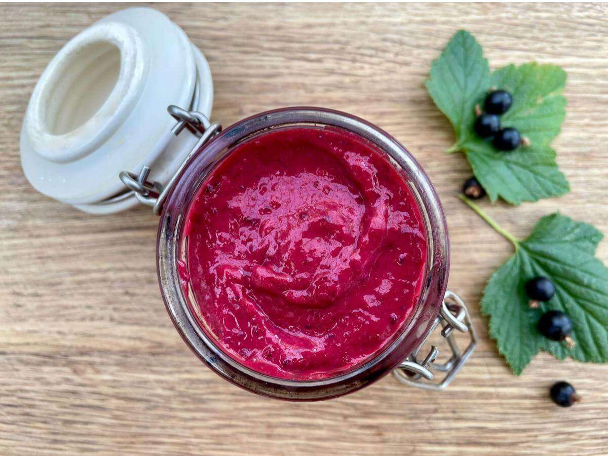 Healthy blackcurrant curd in jar.