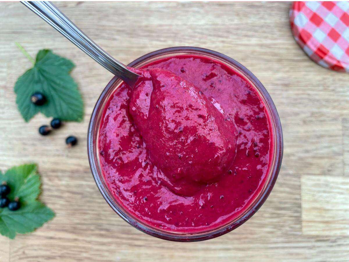 Healthy blackcurrant curd with spoon.