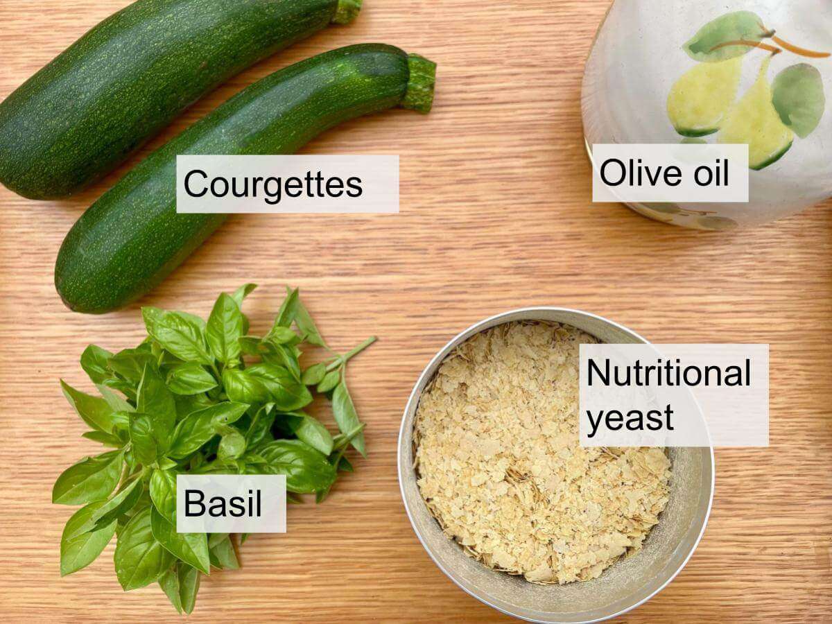 Courgettes, basil, nutritional yeast, olive oil.