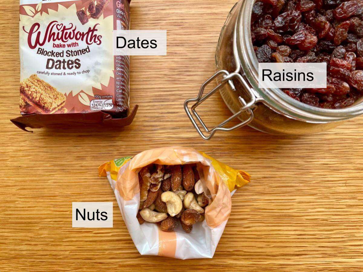 Dates, raisins, nuts.