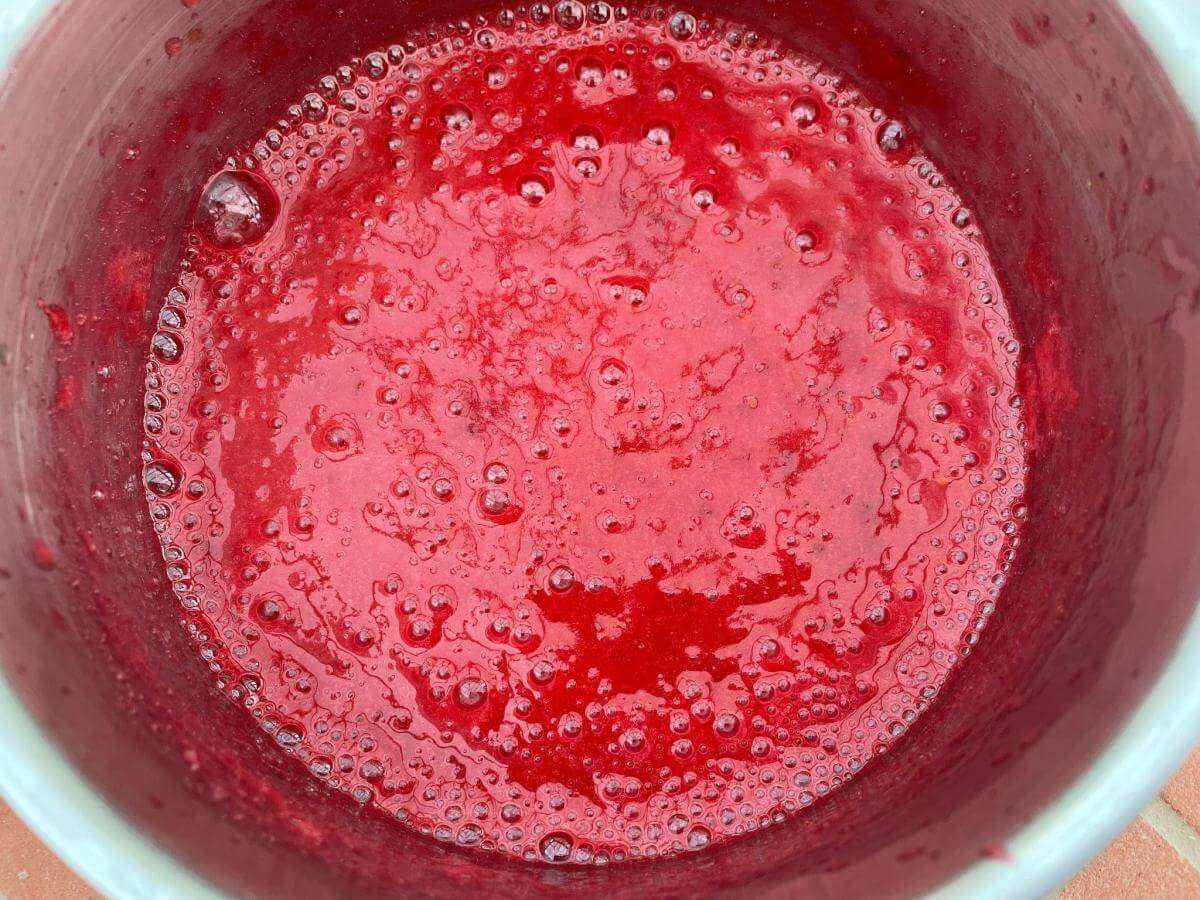 Red fruit coulis in pan.