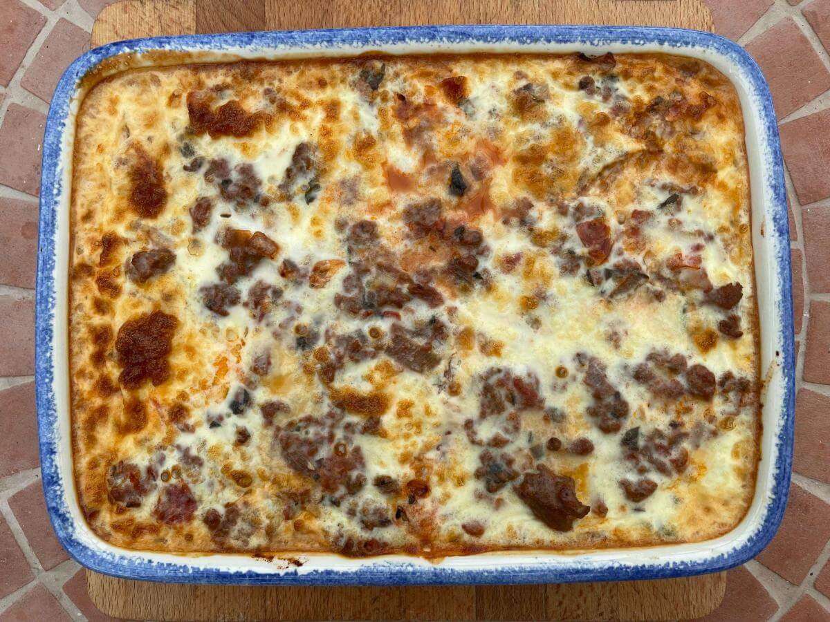 Cooked moussaka in baking dish.
