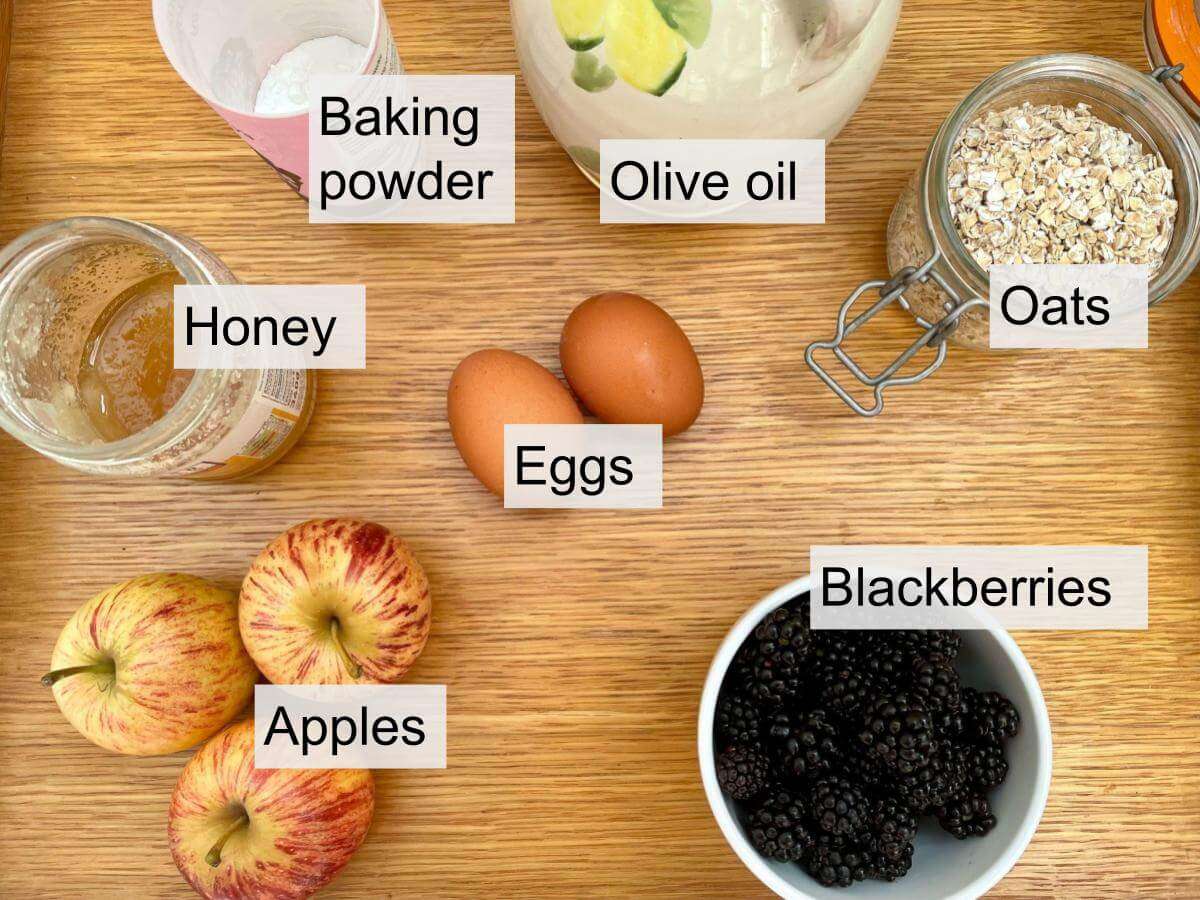 Oats, apples, blackberries, olive oil, eggs, honey, baking powder.