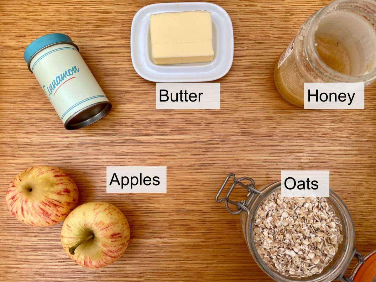 Oats, honey, butter, apples, cinnamon.