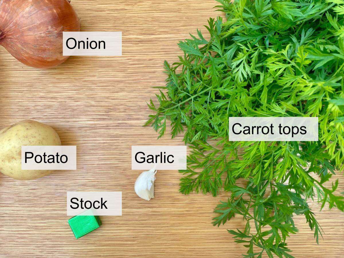 Carrot tops, onion, potato, garlic, stock.