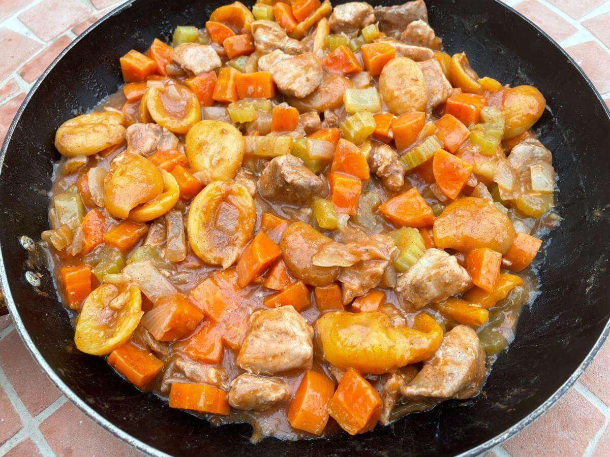 Finished Moroccan-style pork stew with apricots.