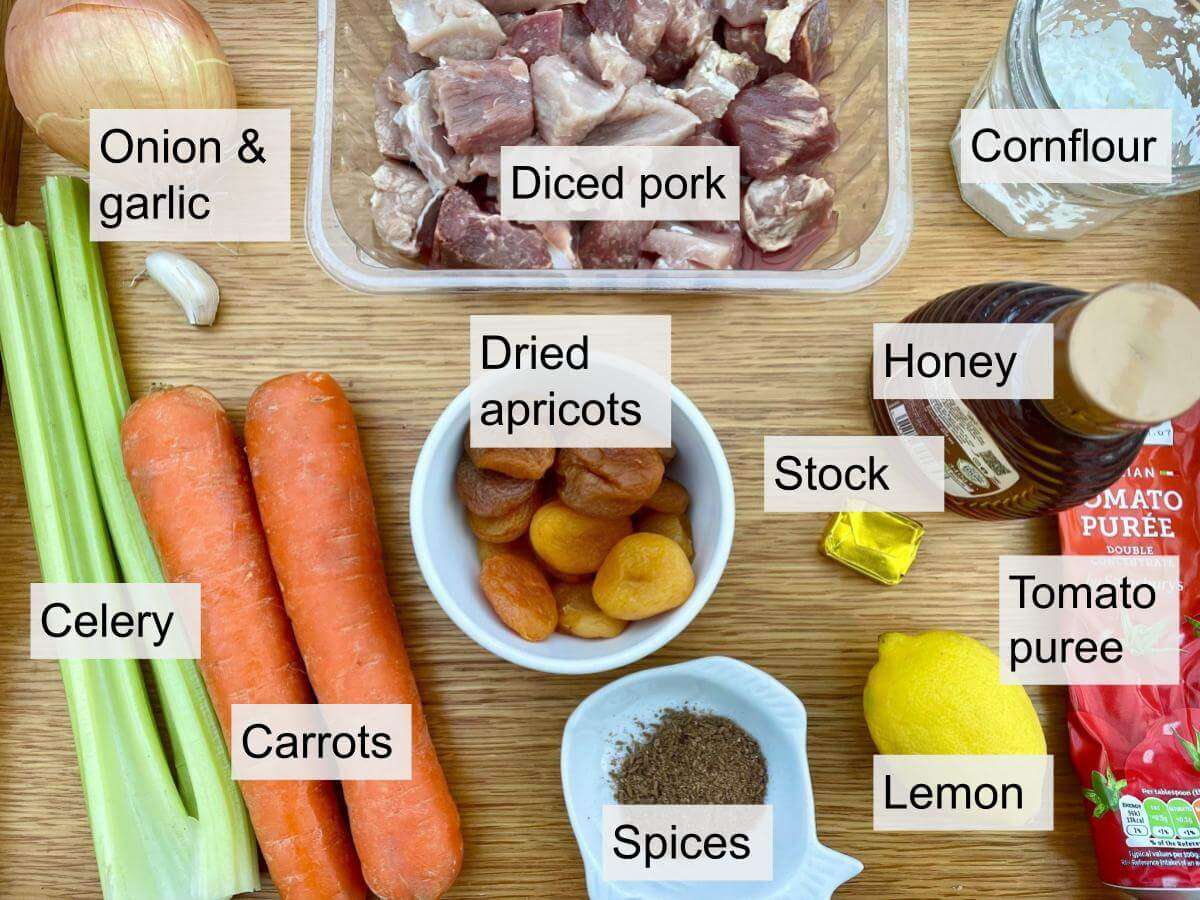 Pork, onion, garlic, celery, carrots, dried apricots, spices, lemon, stock, honey, tomato puree, cornflour.