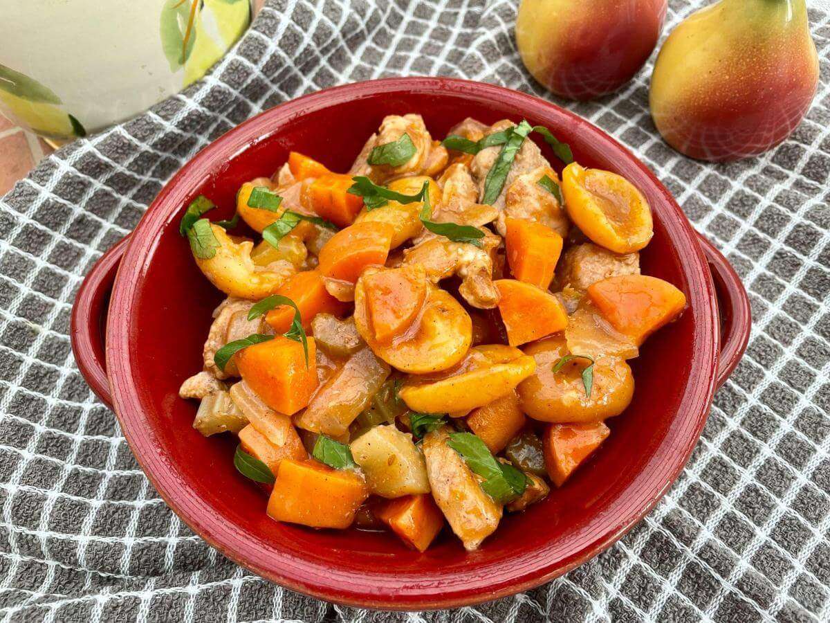 Pork tagine in red bowl.