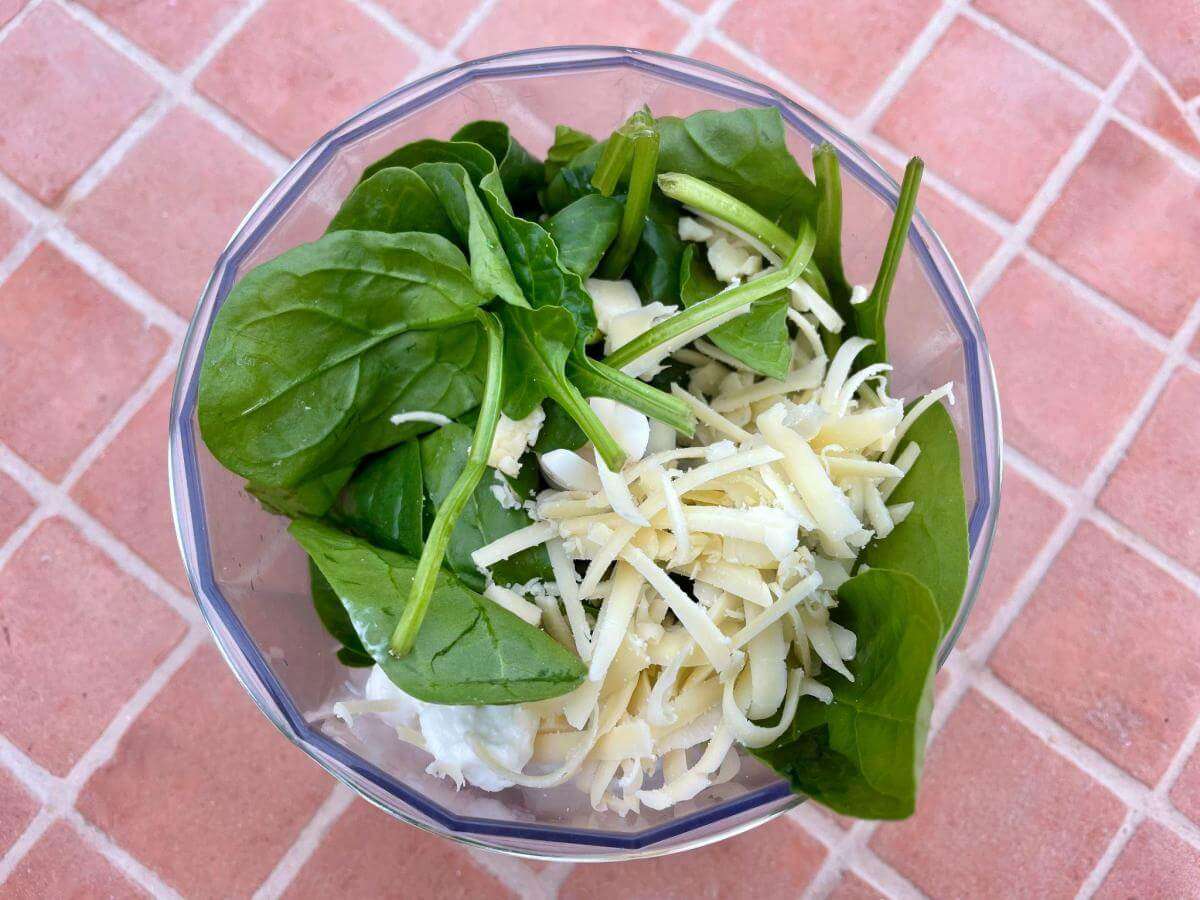 Spinach leaves, cottage cheese and cheddar in blender.