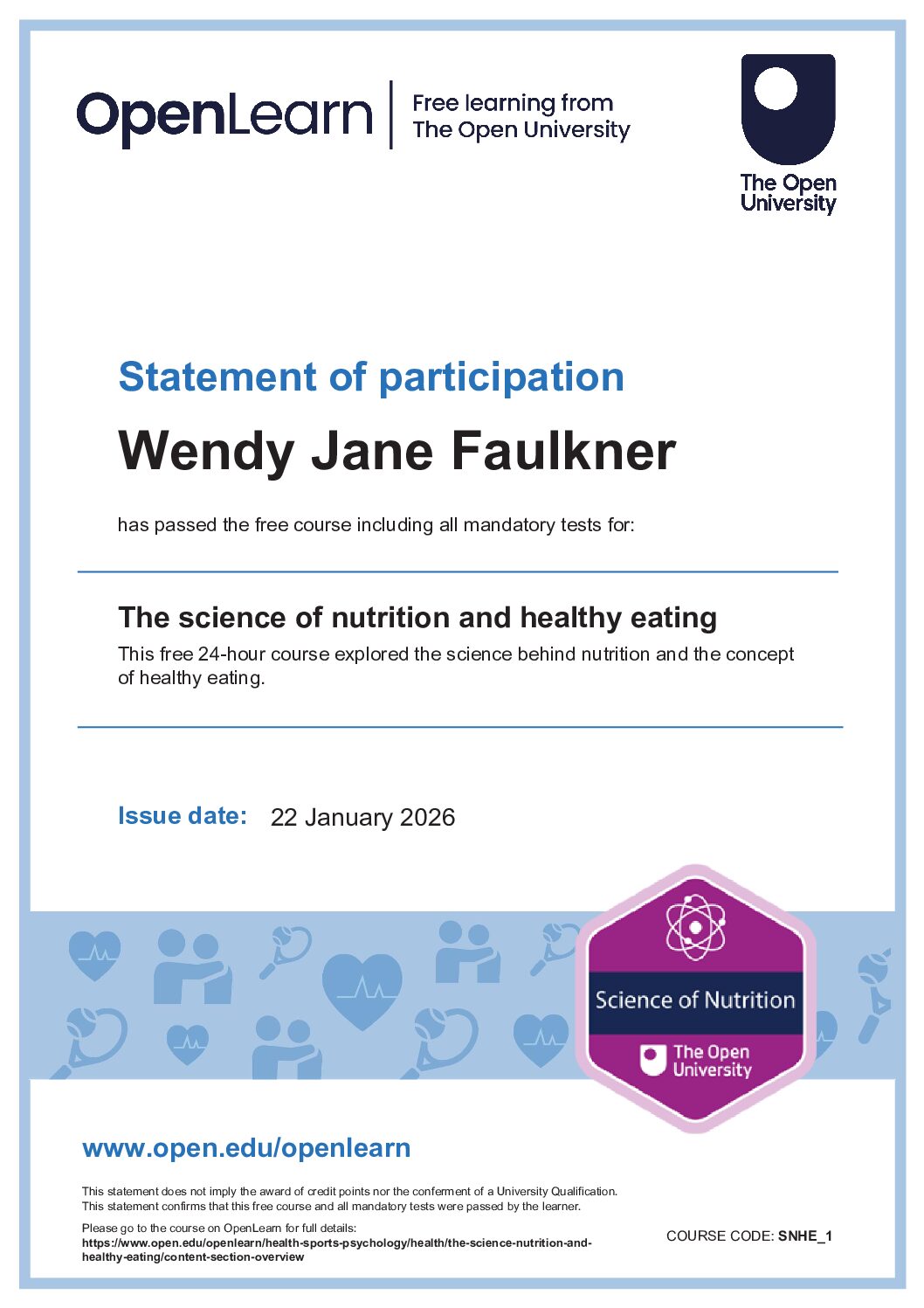 Open University statement of participation for science of nutrition and healthy eating.