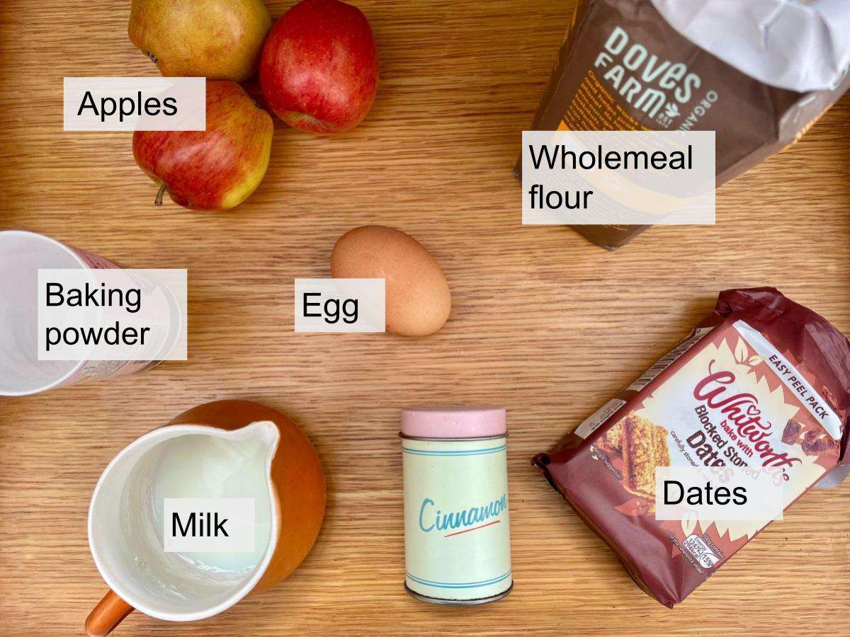 Dates, apples, wholemeal flour, egg, milk, baking powder, cinnamon.