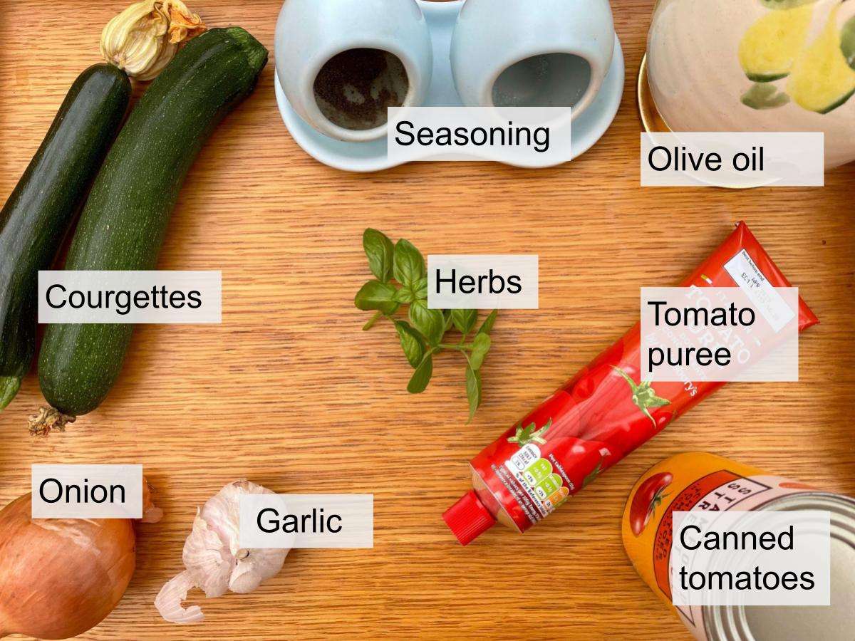 Courgettes, onion, garlic, tomatoes, tomato puree, olive oil, seasoning, herbs.