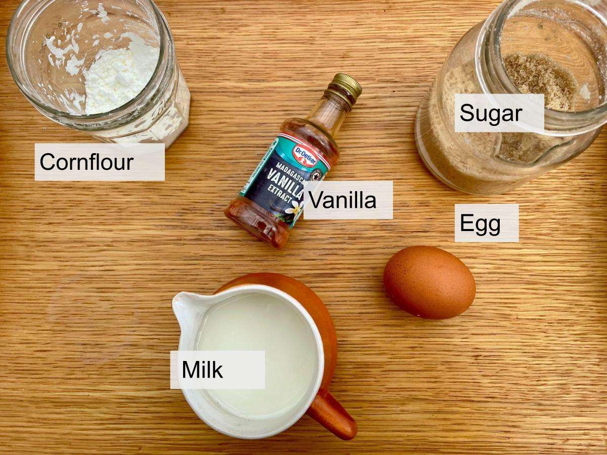 Milk, egg, cornflour, sugar, vanilla extract.